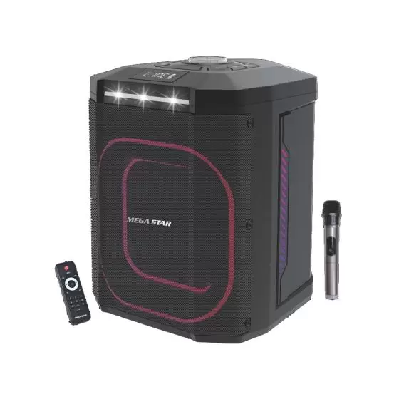 Parlante profesional Megastar con batería recargable y múltiples entradas disponibles.