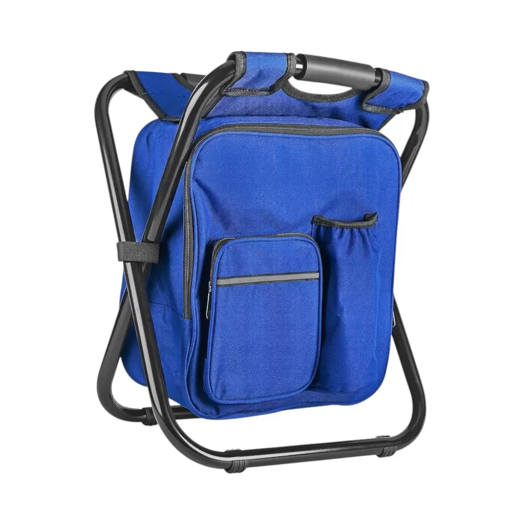 Mochila térmica con silla plegable, ideal para camping y actividades al aire libre.