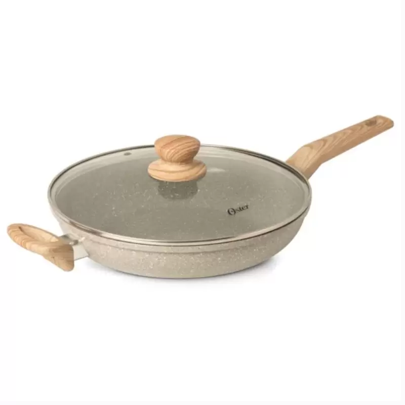 Sartén Oster 5.5L Beige, antiadherente y versátil para cocinar.