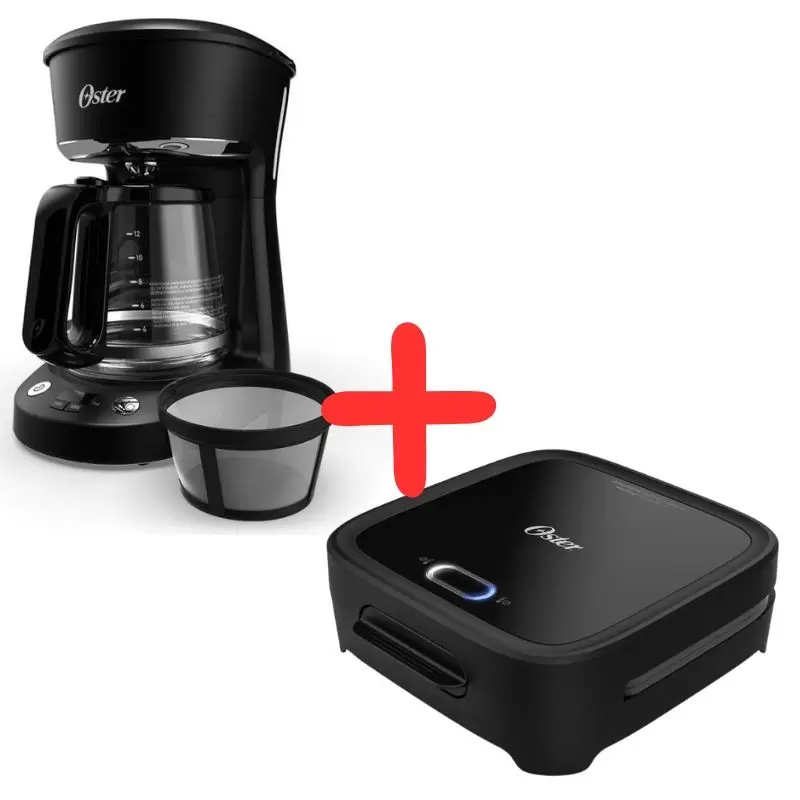 Combo Oster: Cafetera Programable 12 Tazas y Sandwichera Compacta