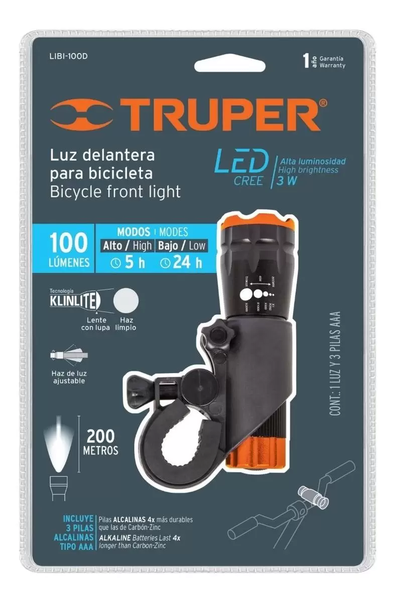 Linterna delantera para bicicleta Truper 16796, potente y duradera.