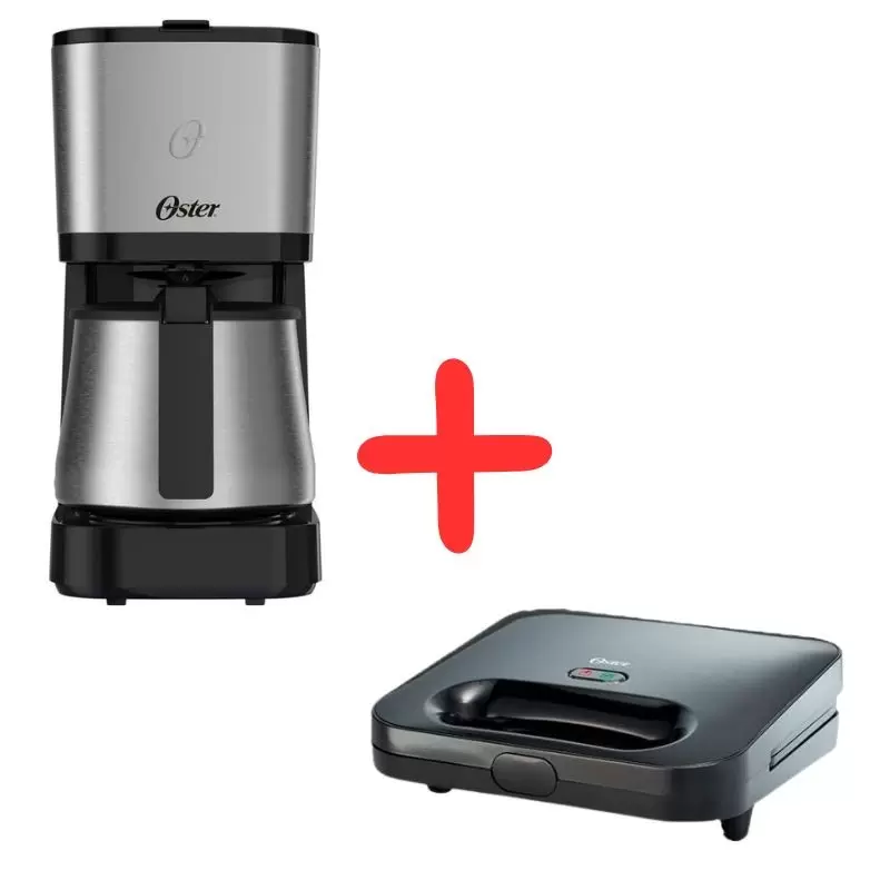 Combo Oster: Sandwichera Compacta y Cafetera con Jarra Térmica