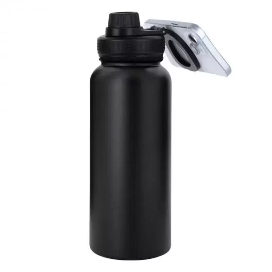 Botella térmica con imán para celular, 960ml, color negro.