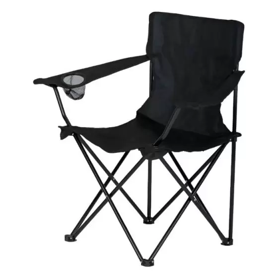 Silla de camping Level negra, resistente y cómoda, ideal para exteriores.