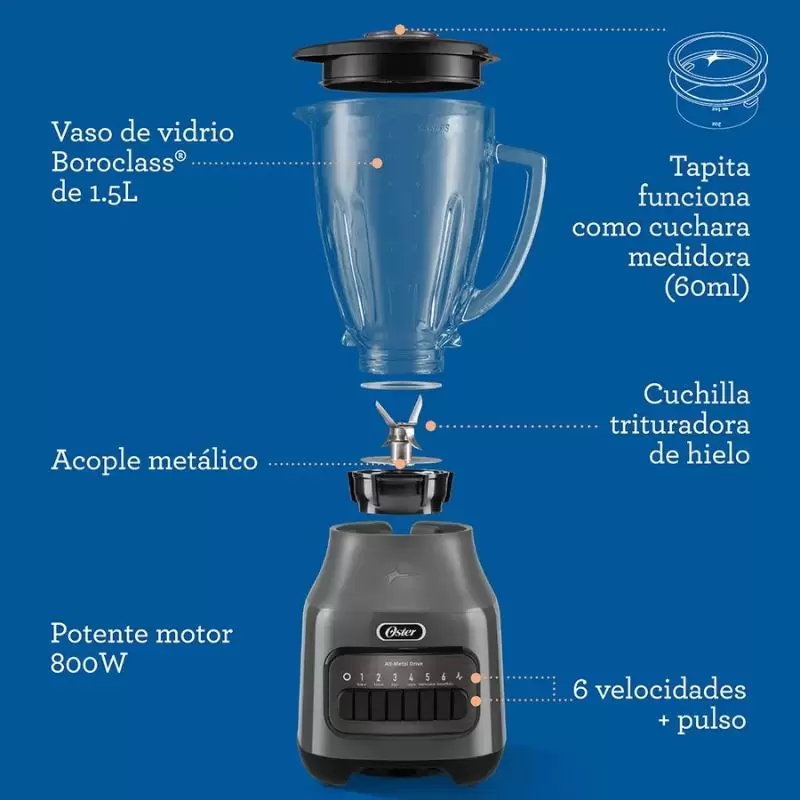 Licuadora Oster® 1.5L, 6 velocidades y vaso de vidrio