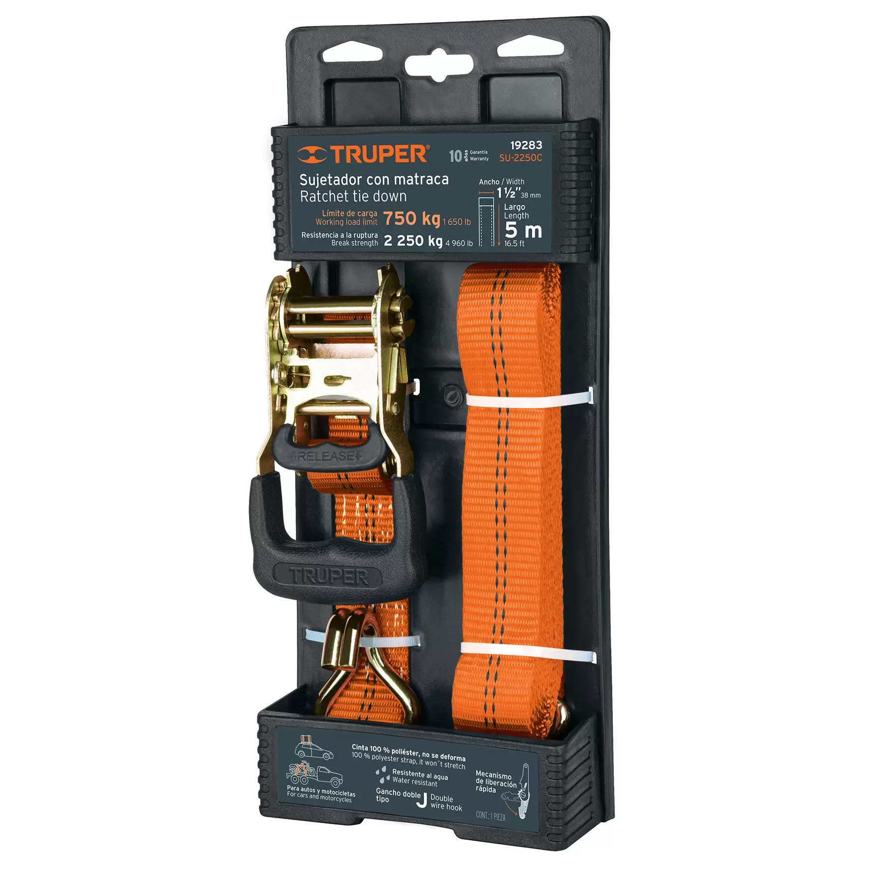 Sujetador con matraca resistente para autos y motos.