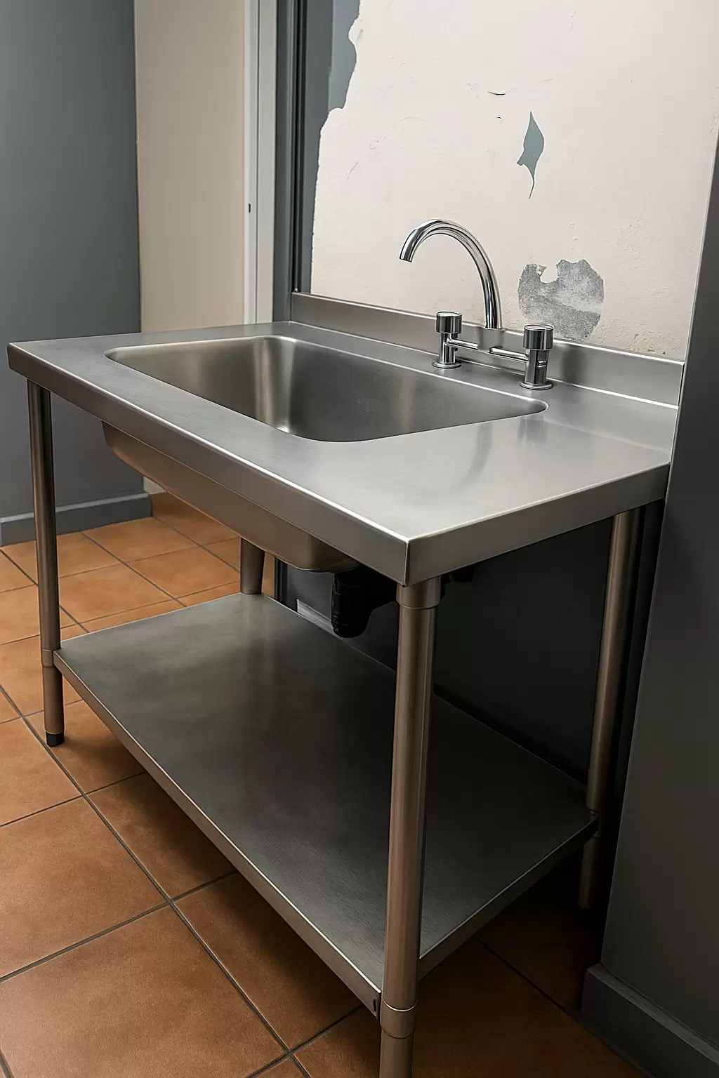 Mesa Bacha de Acero Inoxidable con Canilla y Estante