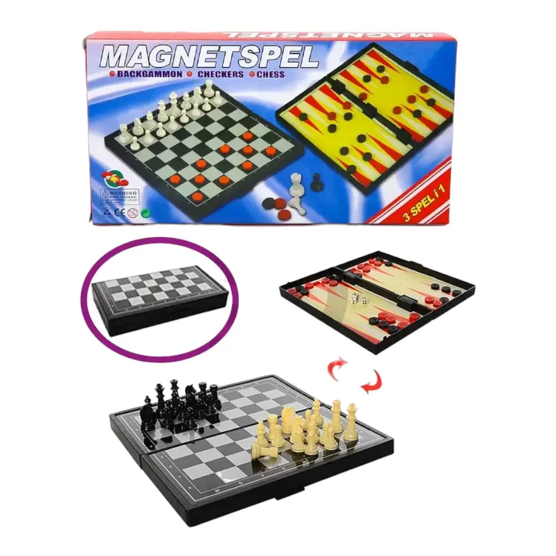 AJEDREZ MAGNÉTICO 3 EN 1: Juego de ajedrez, damas y backgammon compacto.