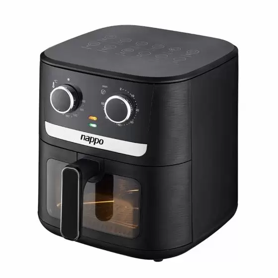 Freidora de aire Nappo 7L, potencia 1600W, ajuste de temperatura.