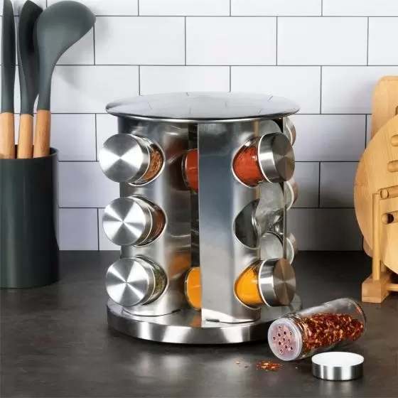 Set de 12 especieros de vidrio con soporte giratorio de acero.